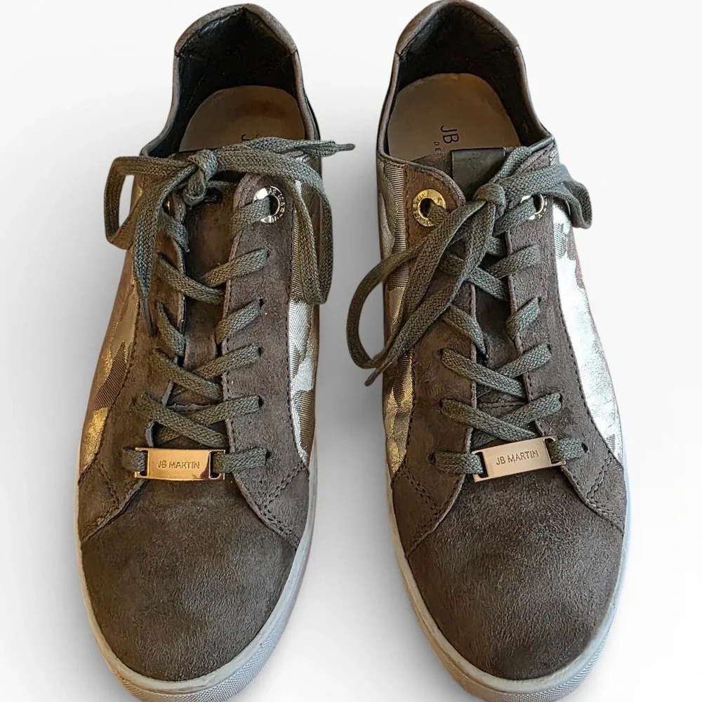 JB Martin Womens Green/Gold Metallic Suede Low Top Sneakers Sz 7.5/38 Logo Shoes
